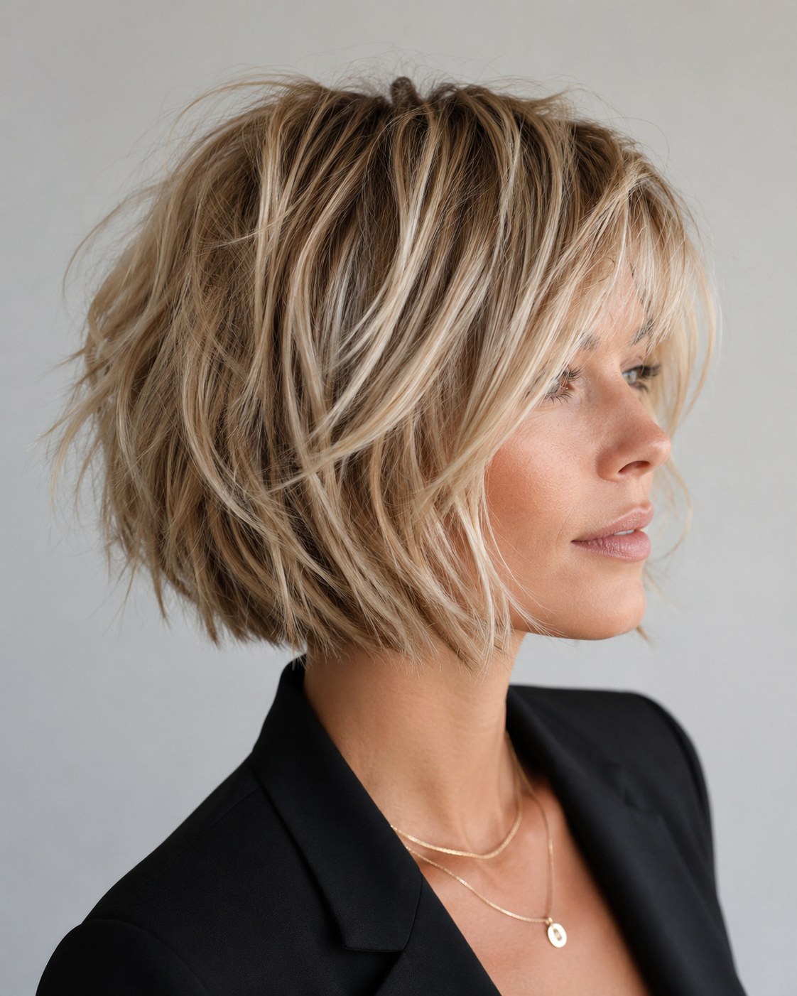 Sleek polished choppy bob haircut styled smooth with soft side-swept fringe