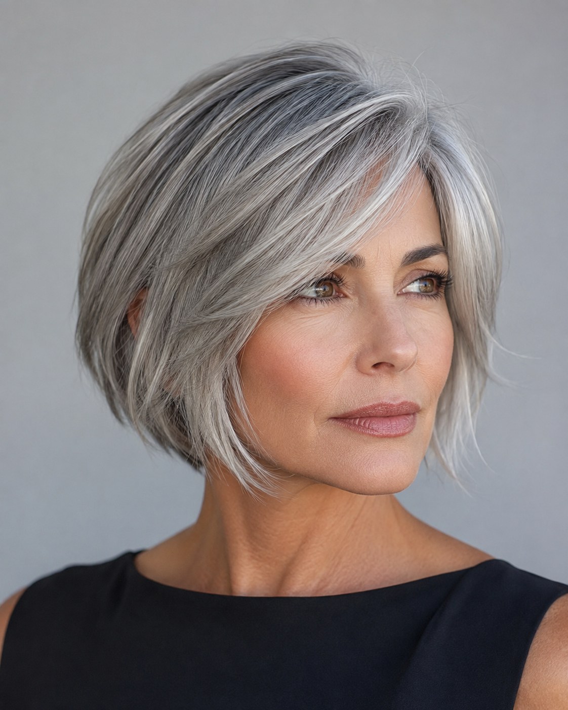 Silver choppy bob haircut with soft layering suited to mature gray hair