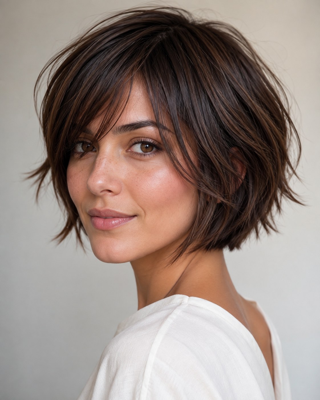 Warm brunette choppy bob haircut with side-swept bangs and chin-length layers