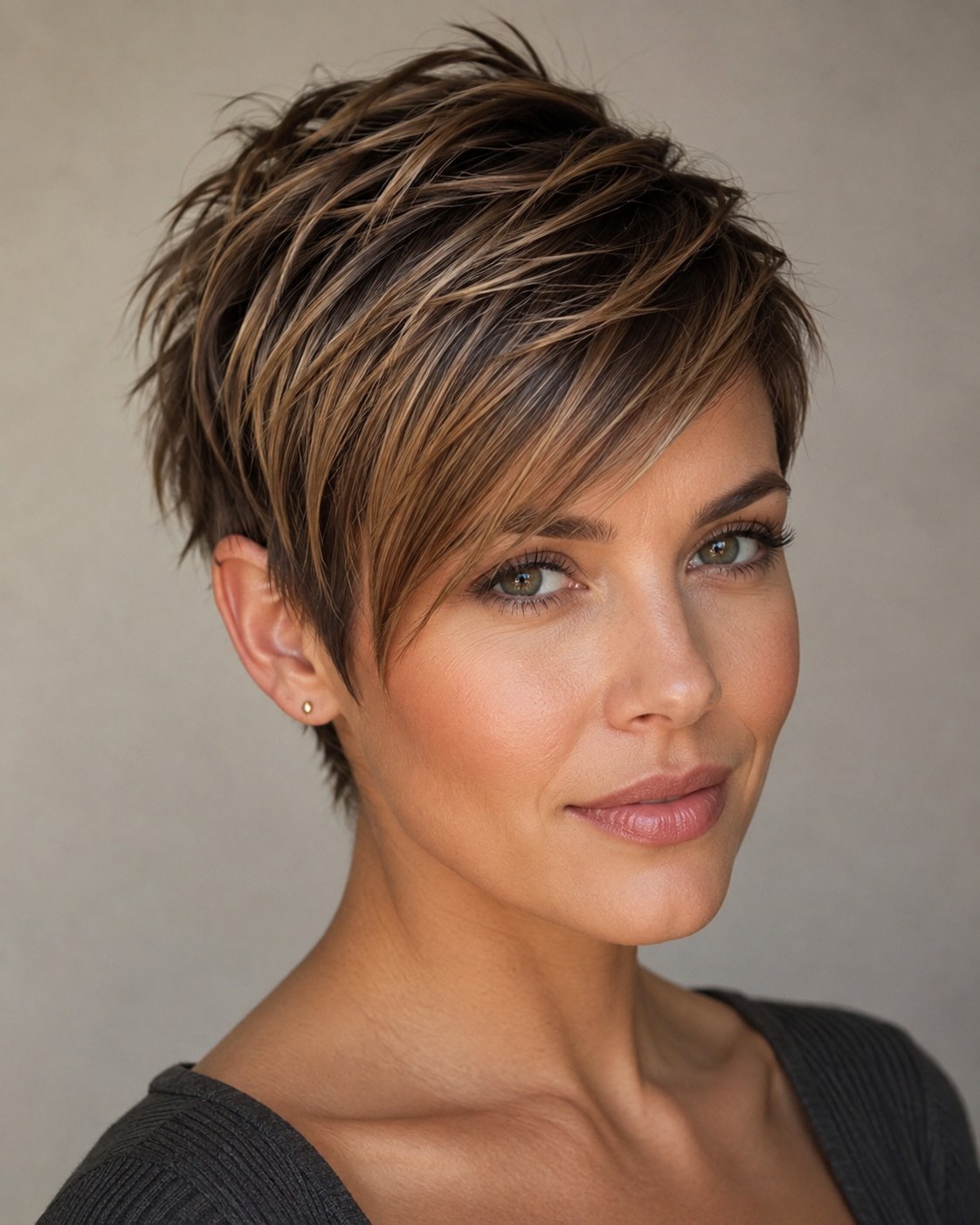 Short choppy pixie-bob hybrid haircut with long side fringe and cropped layers