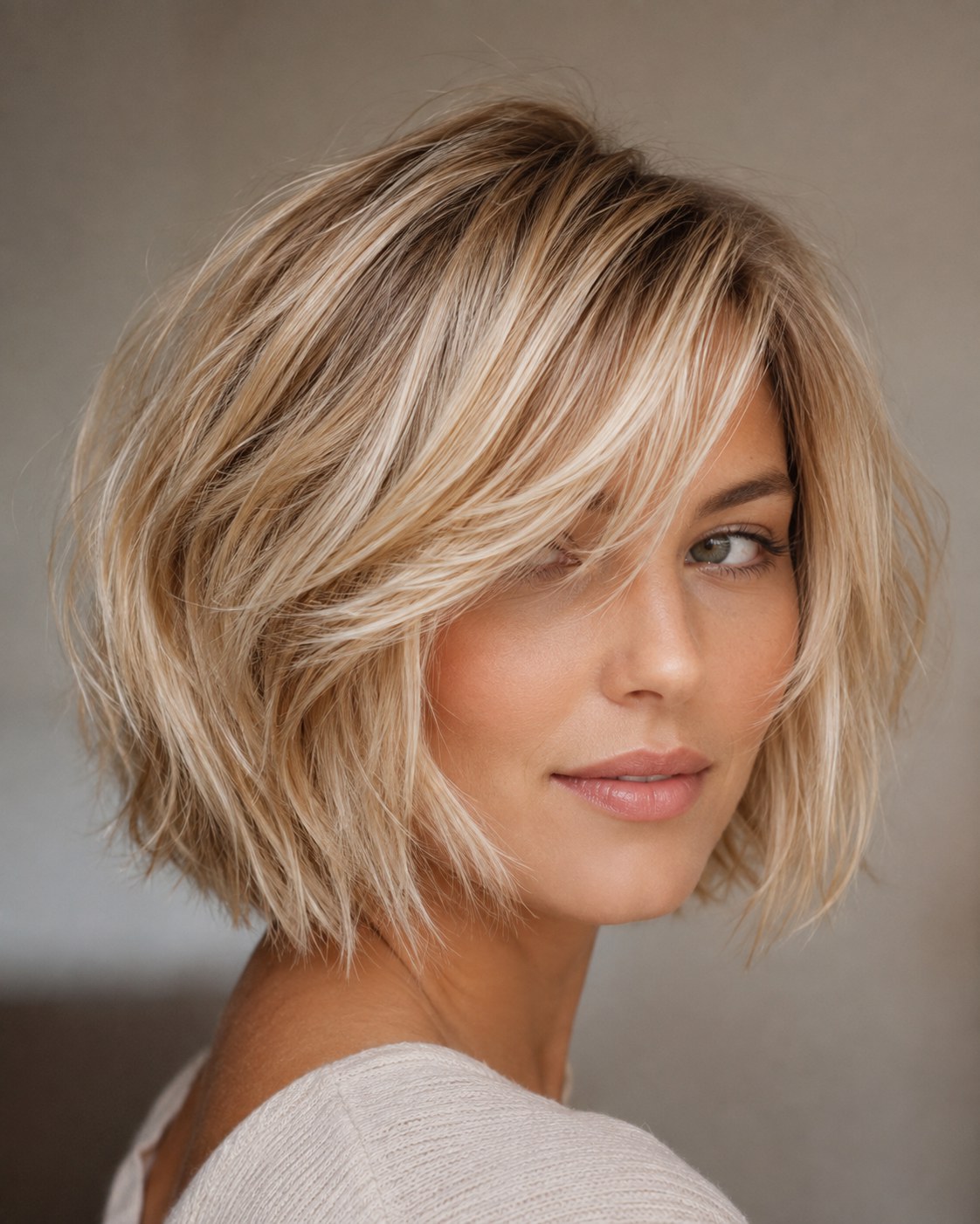 Blonde choppy bob haircut with face-framing fringe and soft layered texture