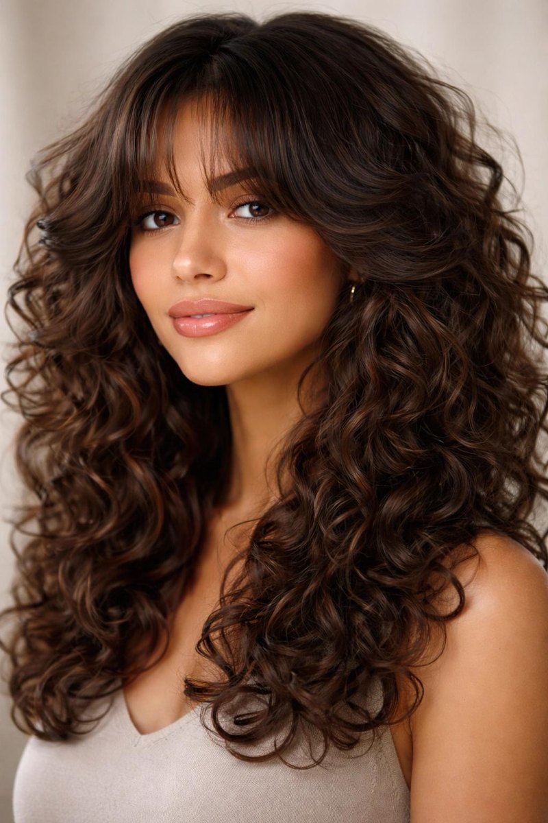 Curly blowout layers curtain bangs