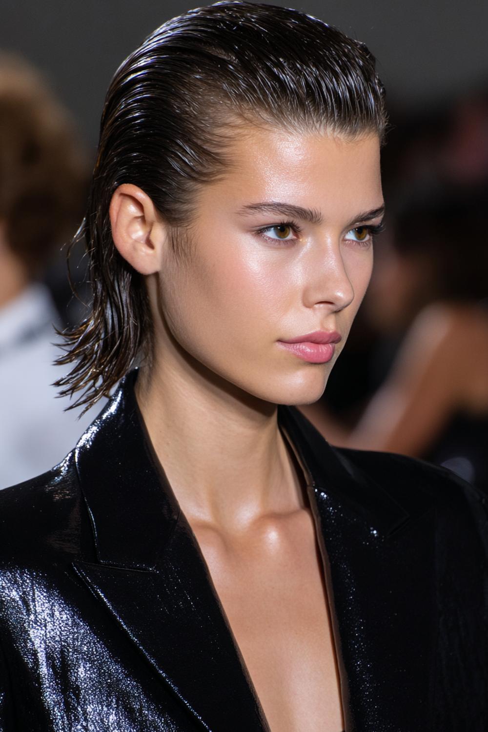 21. Slicked-Back Wet Look Hairstyle with High Shine and Tucked Sides