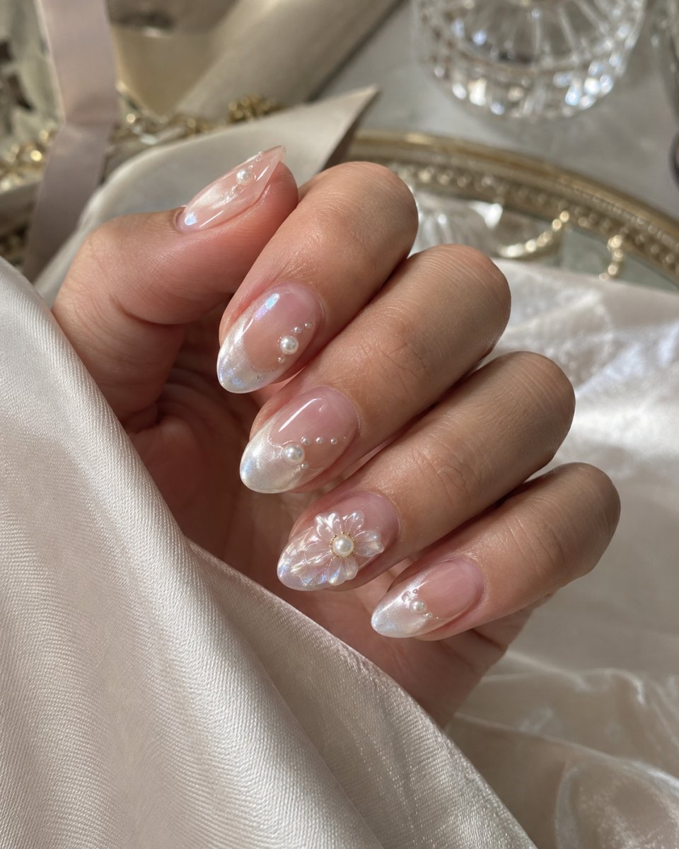 Elegant pearl bridal nails