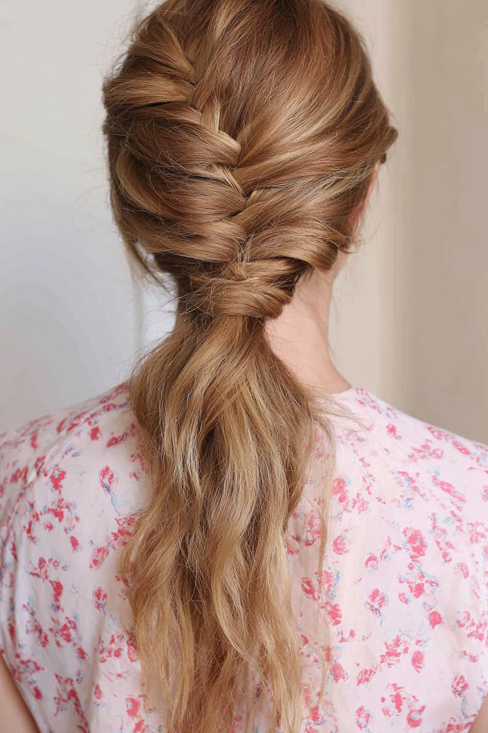 11. Everyday Hairstyles for Women: Low Braided Ponytail with Wrapped Elastic Detail