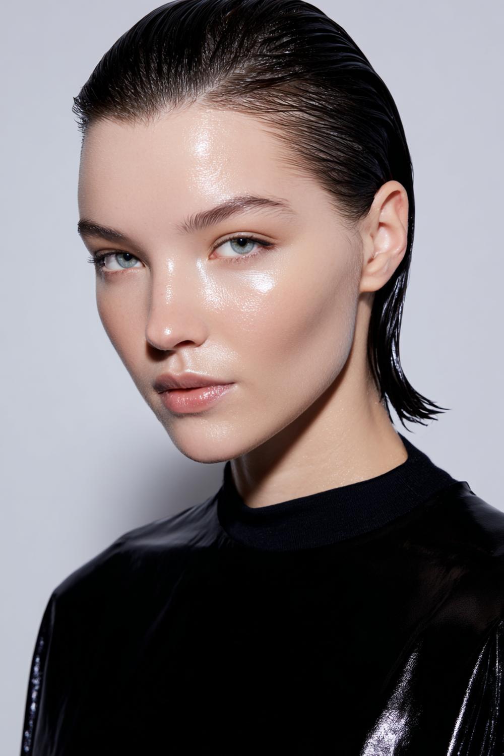 13. Slicked-Back Wet Look Hairstyle with Defined Part and Shine
