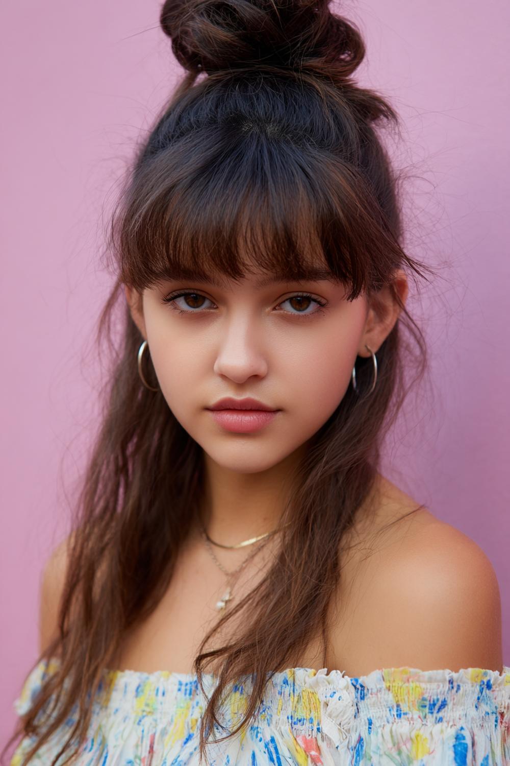 8. Half-Up Top Knot Hairstyle with Wispy Bangs and Texture