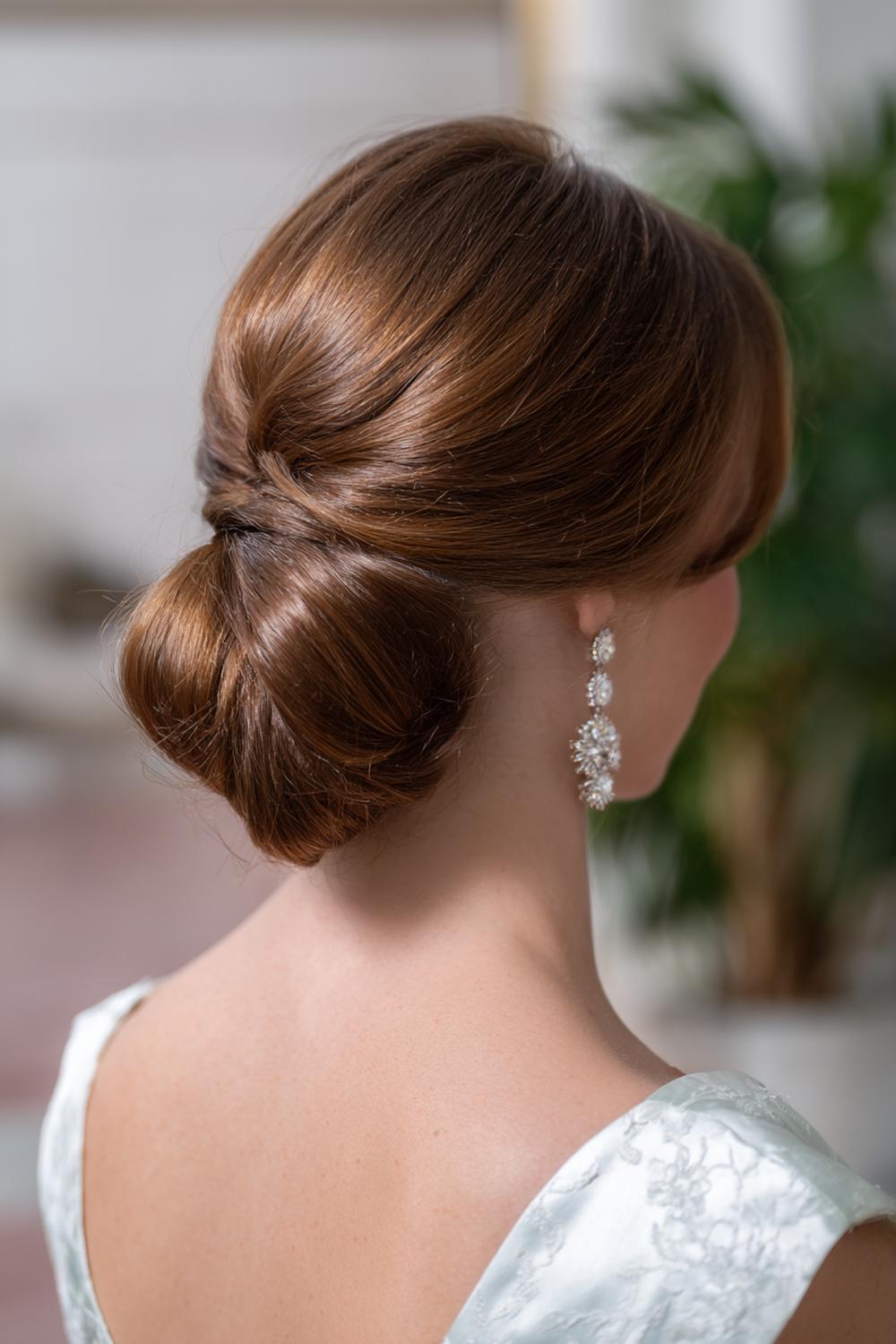 9. Low Chignon Bun Hairstyle with Side Part and Clean Nape