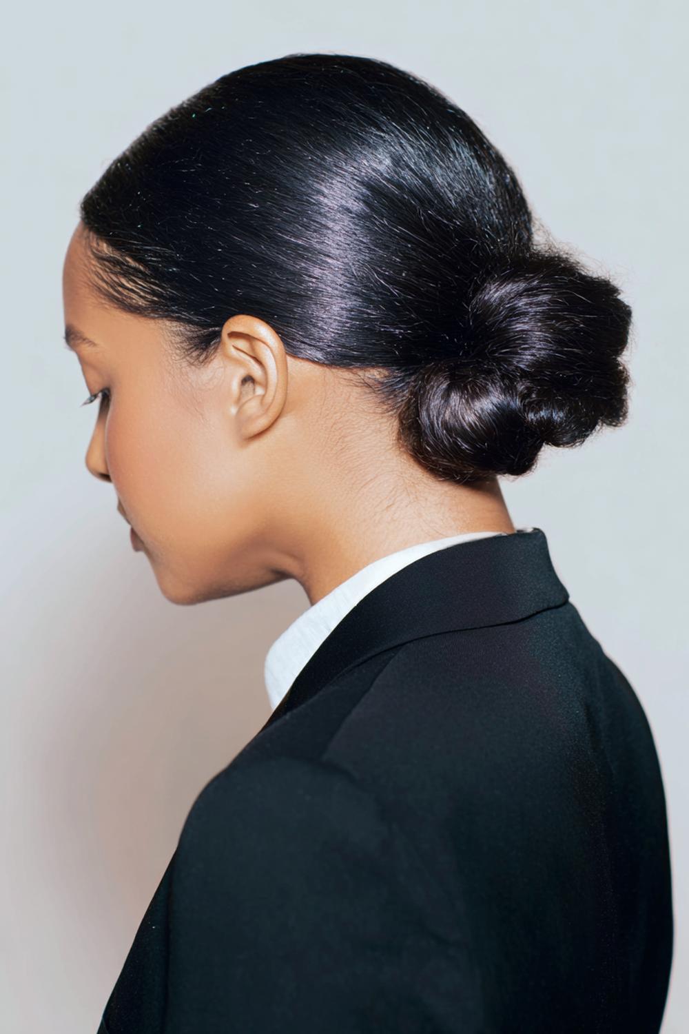 20. Hairstyles for All Hair Types: Low Braided Bun with Clean Center Part