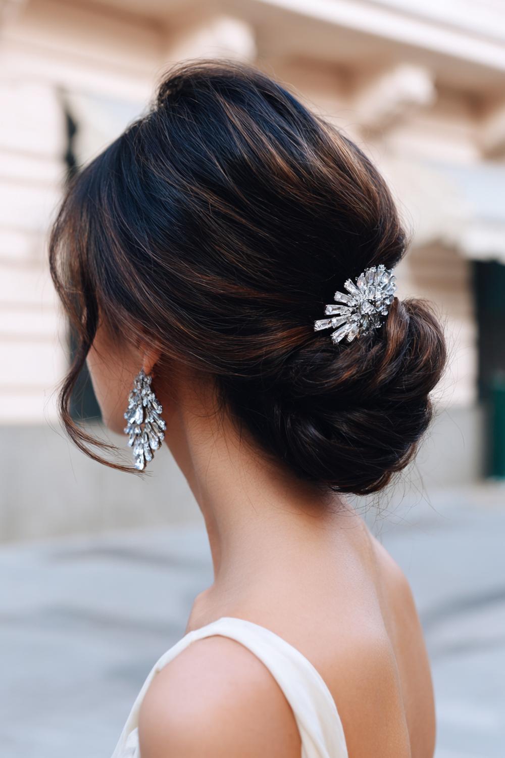 33. Hairstyles for All Hair Types: Side-Swirled Low Bun with Statement Hair Comb