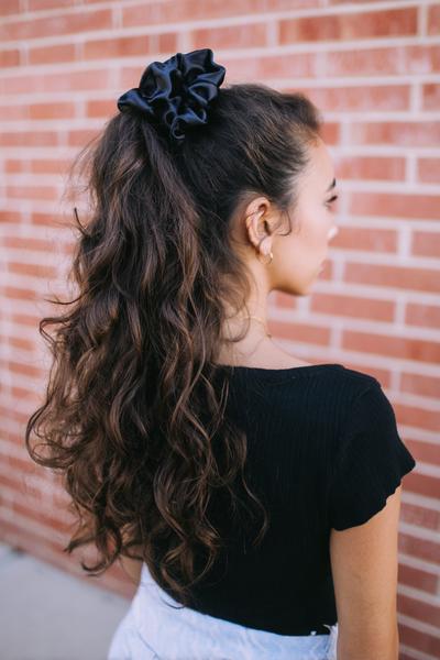 8. High Ponytail with Scrunchie and Curled Ends for hairstyles for long hair for school ideas