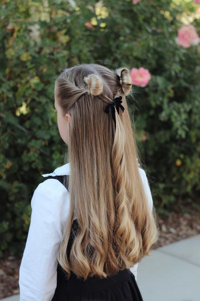 9. Half-Up Mini Buns with Ribbon Ties for hairstyles for long hair for school ideas