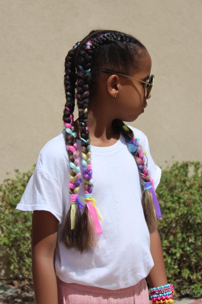 6. Heart-Part Pigtail Braids with Colorful Elastics for hairstyles for school braids black kids ideas