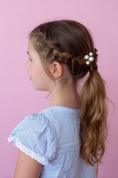 19. Side Braid Into Ponytail Hairstyles for School Easy Cute With Pearl Accent Pin