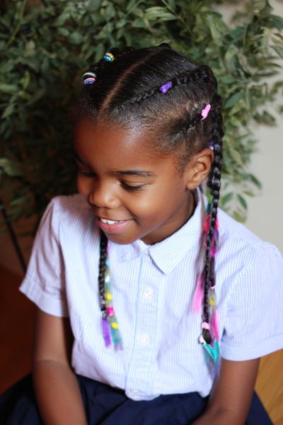 15. Heart-Part Braids with Colorful Bands for hairstyles for school natural hair kids ideas