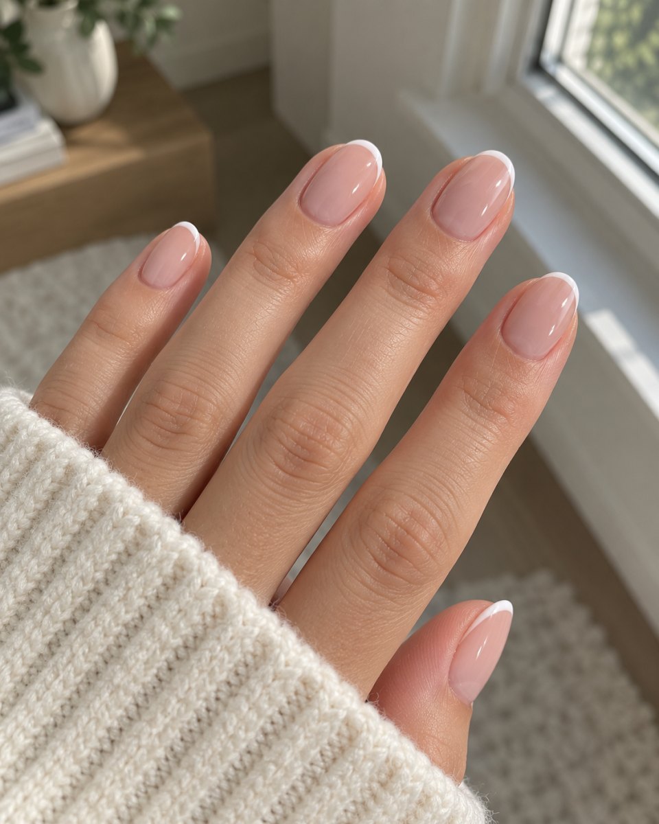 Minimal nude micro French manicure look