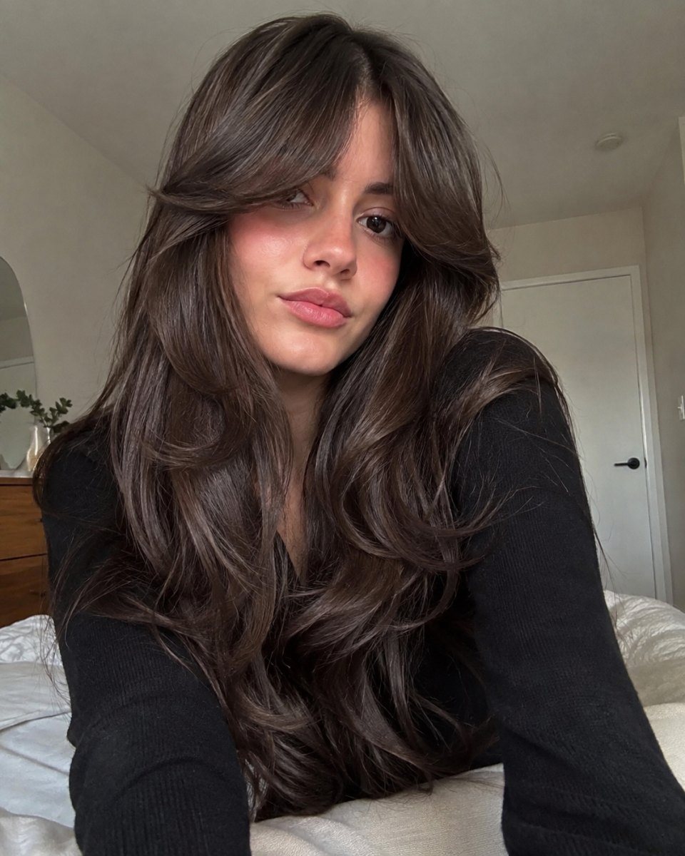 Thick curtain bangs look