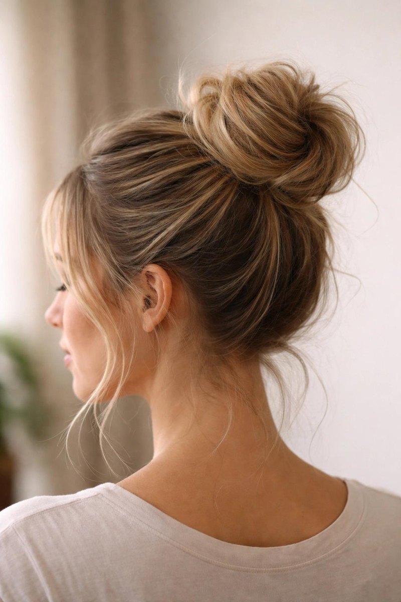 Soft brunette messy high bun updo with waves
