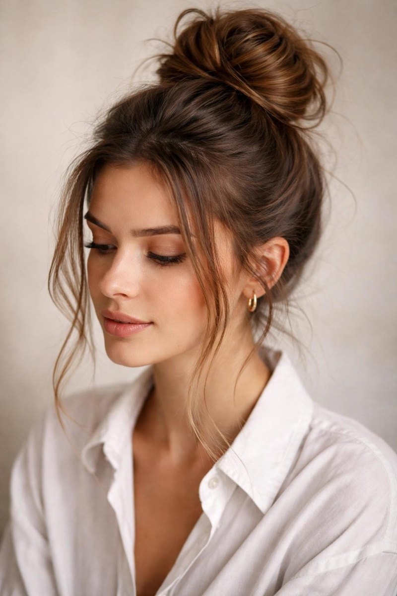 Minimal messy high bun updo with face framing