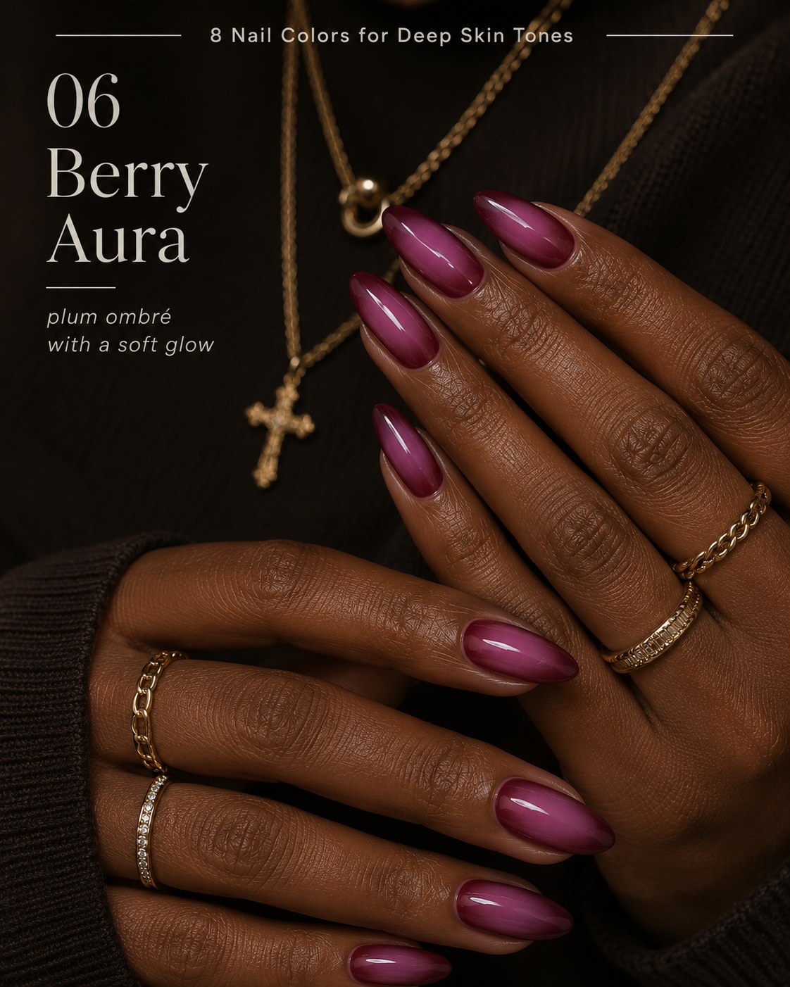 Plum berry ombré nail color for deep skin tones with a soft glowing chrome finish
