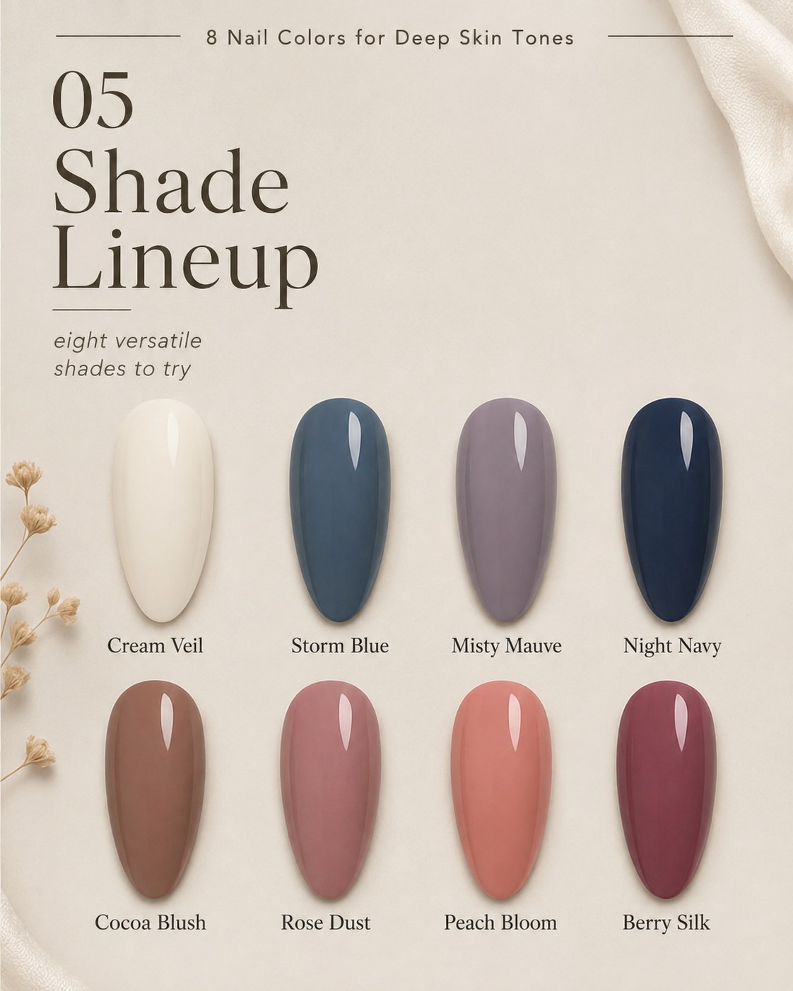 A lineup of eight nail colors for deep skin tones from cream veil to berry silk shades
