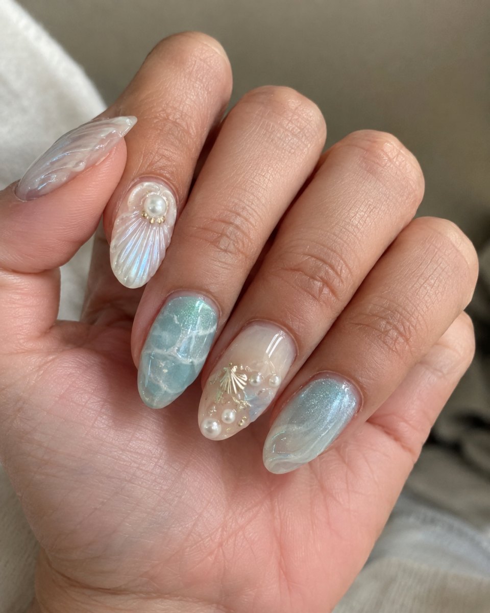 Ocean pearl shell nail art