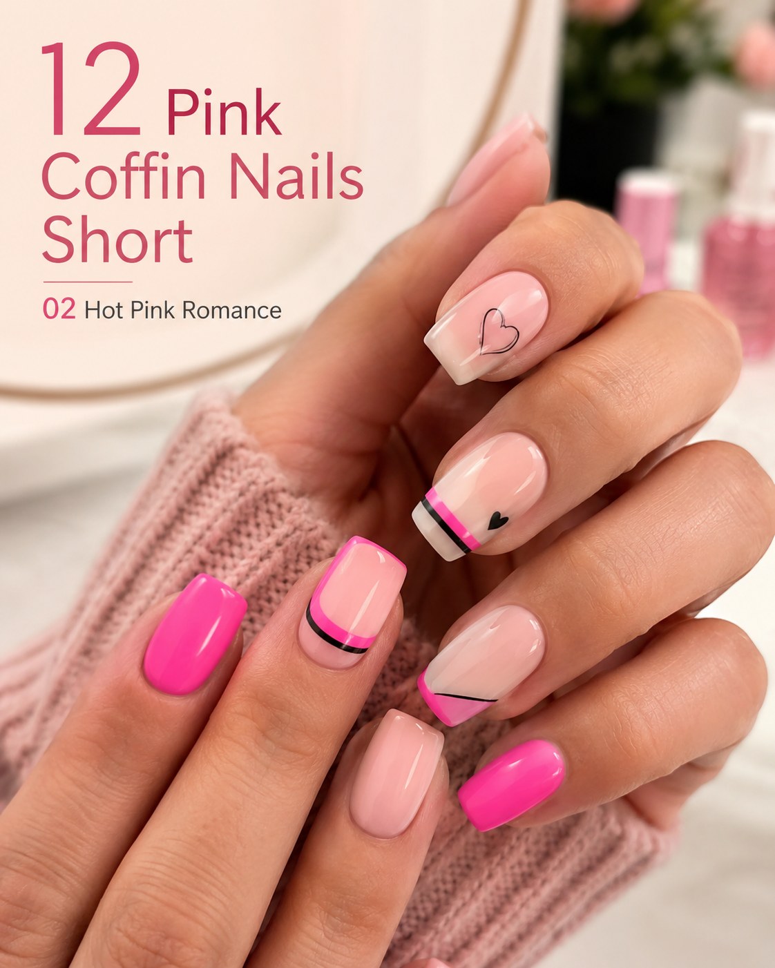 Short pink coffin nails in hot pink romance style with color block French tips and heart line art