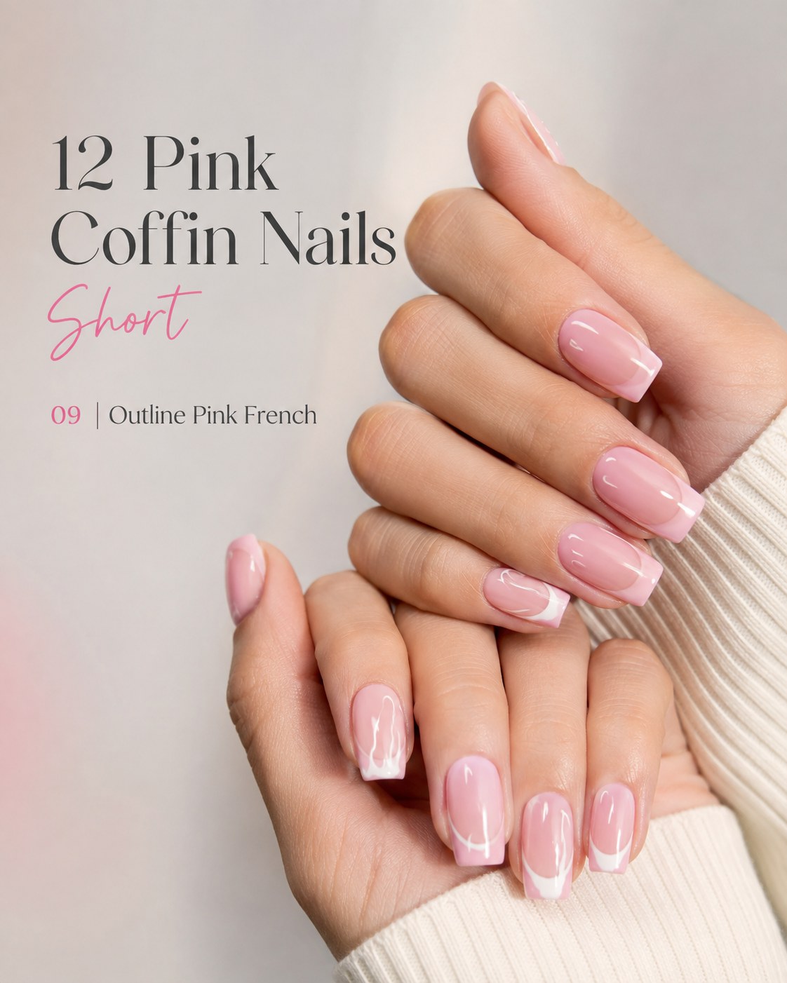 Short pink coffin nails with a minimalist outline pink French and negative space tip