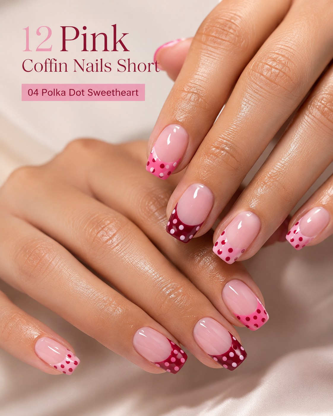 Short pink coffin nails in a polka dot sweetheart design with pink and berry-red dotted tips