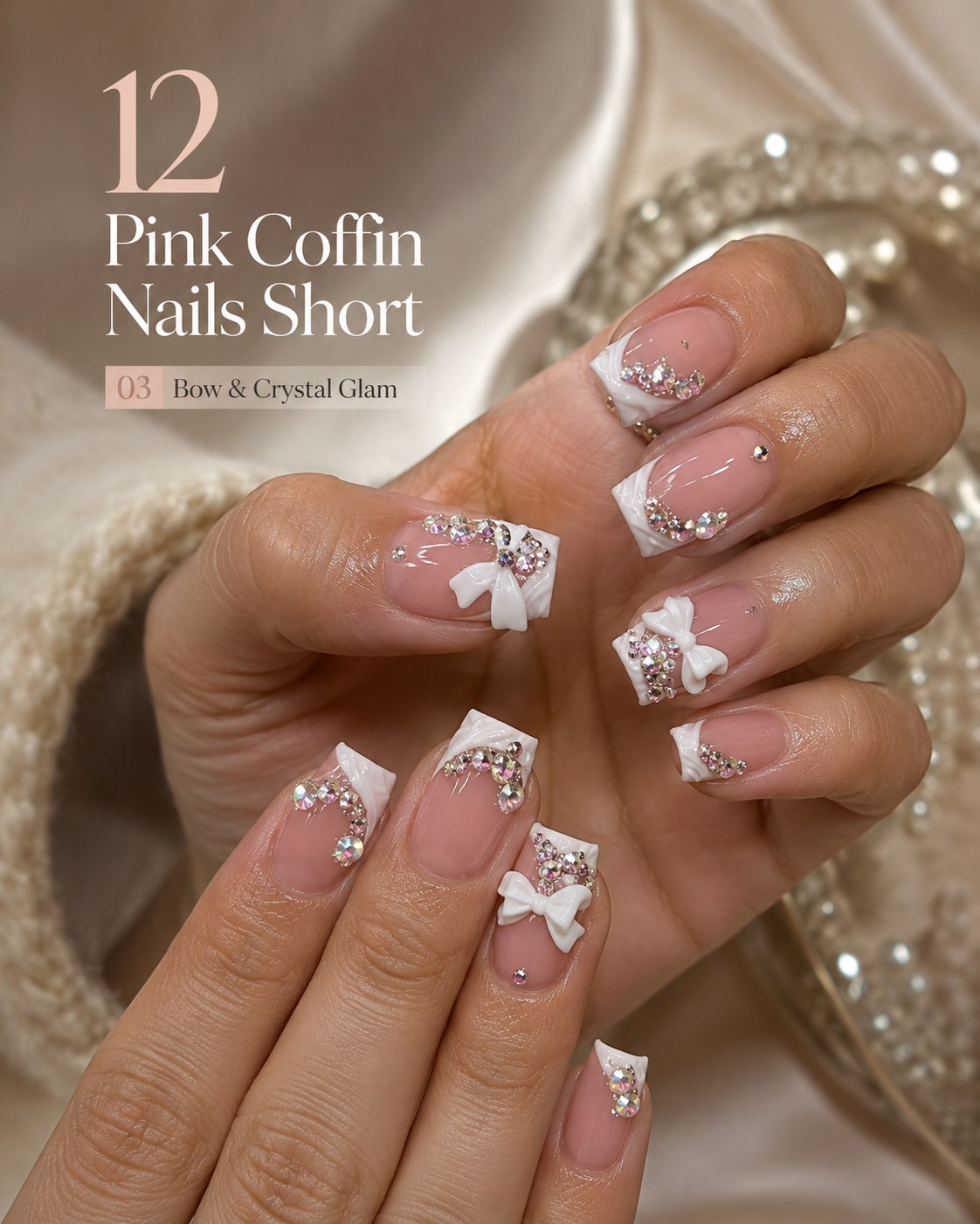 Short pink coffin nails styled with diagonal white French tips, crystal clusters, and tiny 3D bows