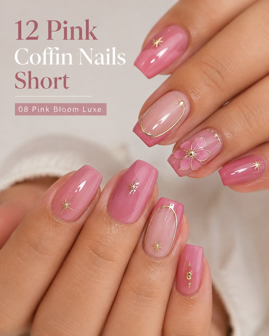 Short pink coffin nails in a dusty rosewood pink bloom luxe design with gold star accents