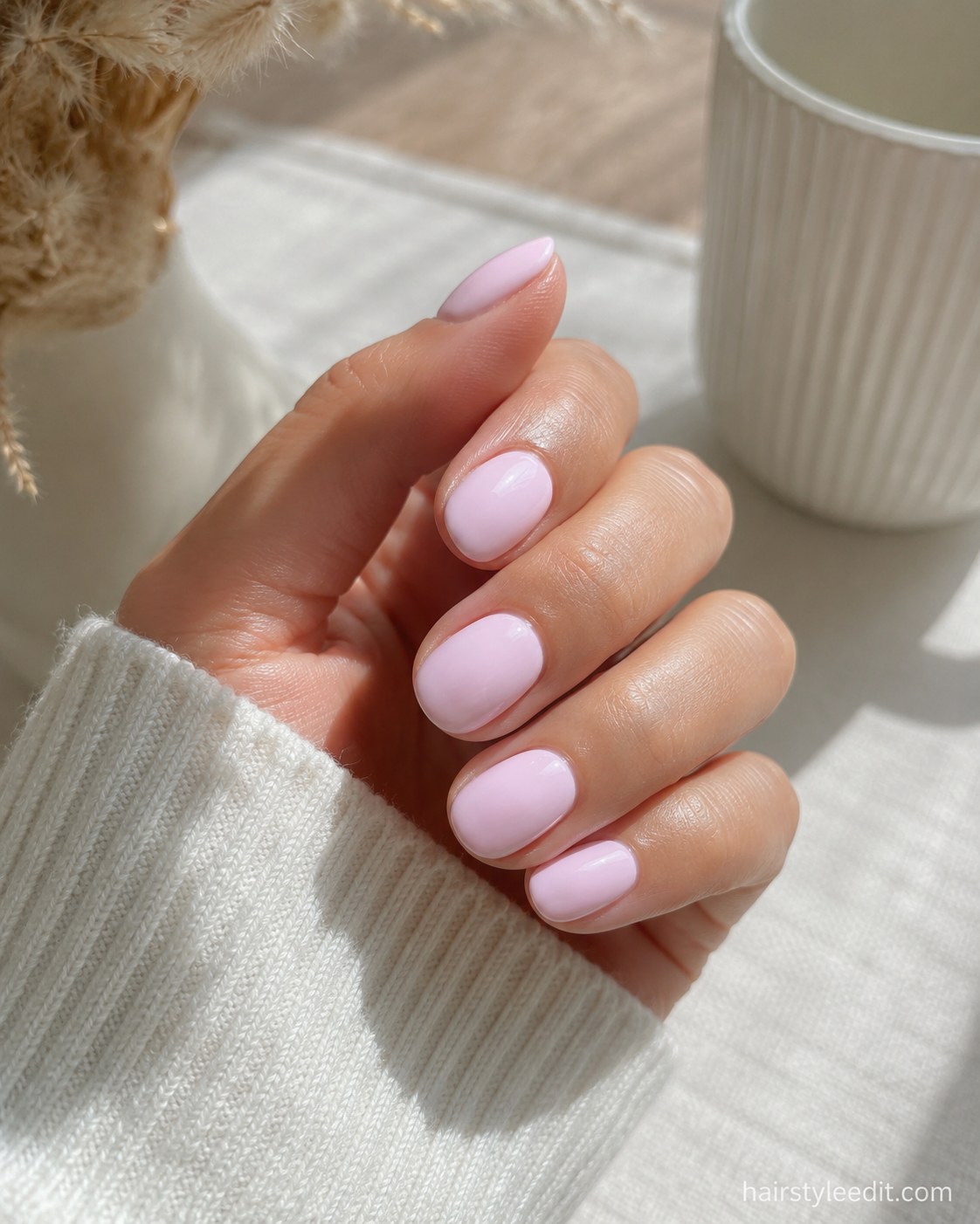 Round short nails in a solid glossy lilac-pink polish for a simple pink manicure