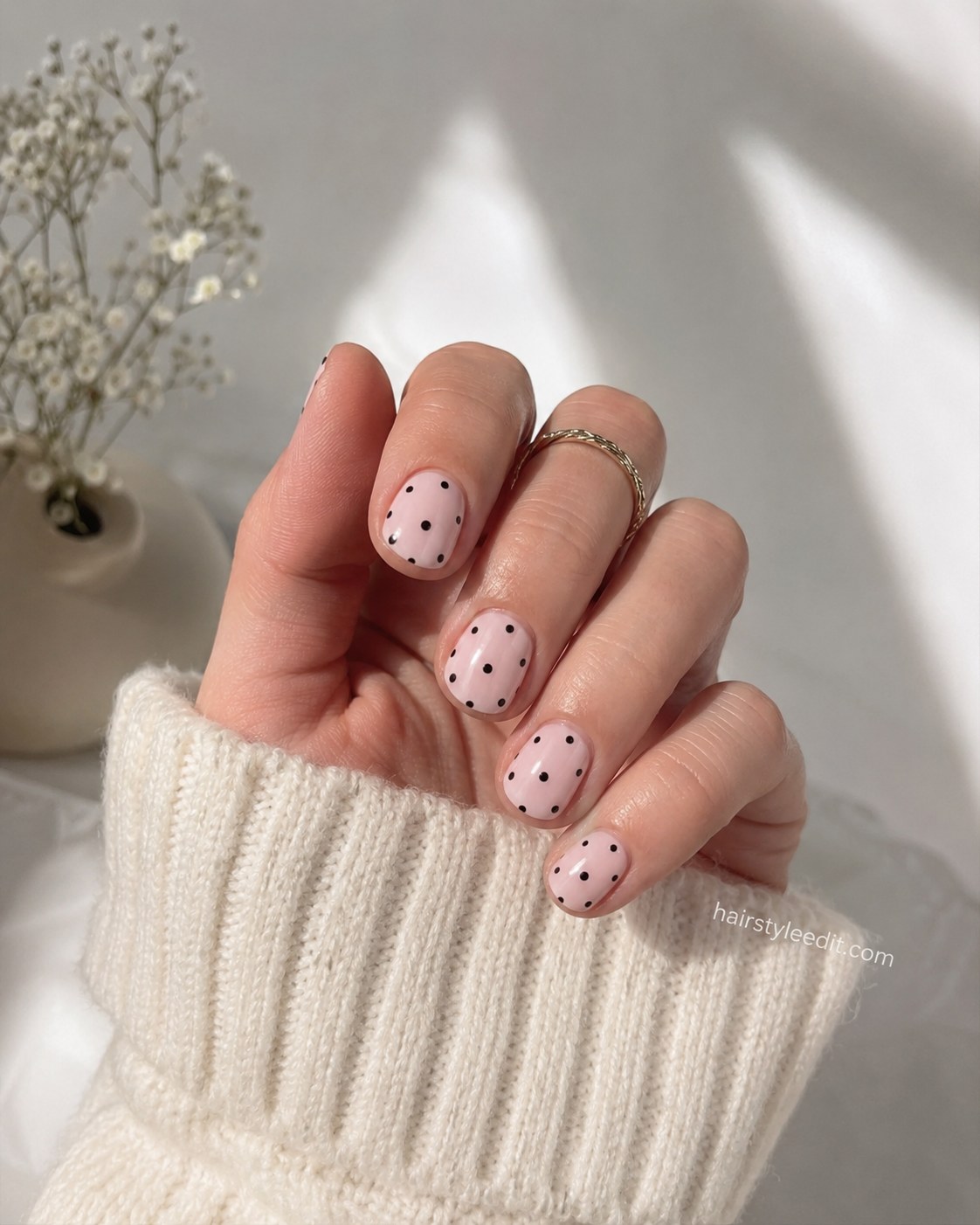 Round short pink nails with black polka dots over a dusty mauve base