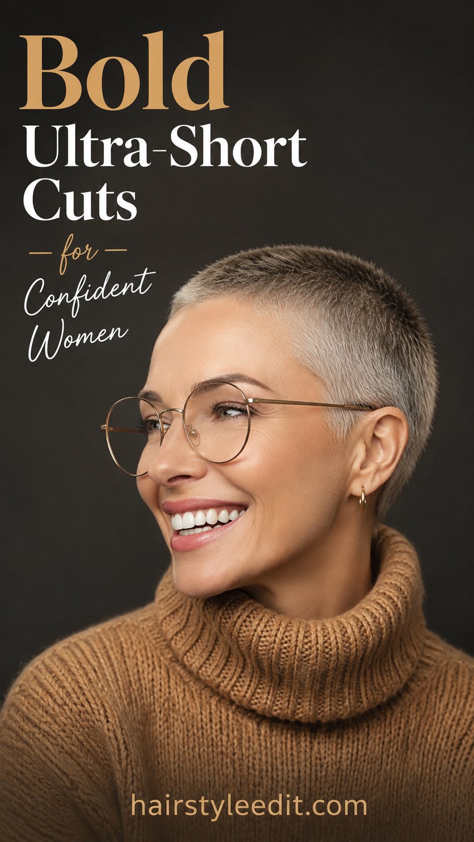 Ultra-short buzzed pixie cut over 50 with uniform close length and a bold, confident finish