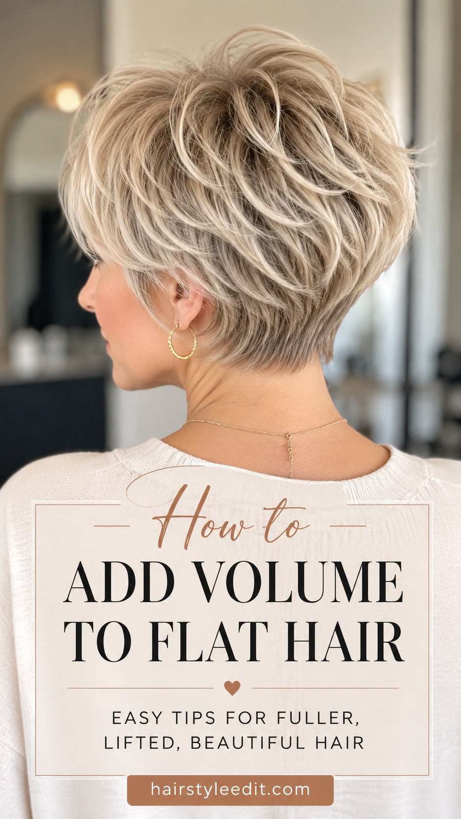 Back view of a layered pixie cut over 50 showing lifted volume built through crown layering