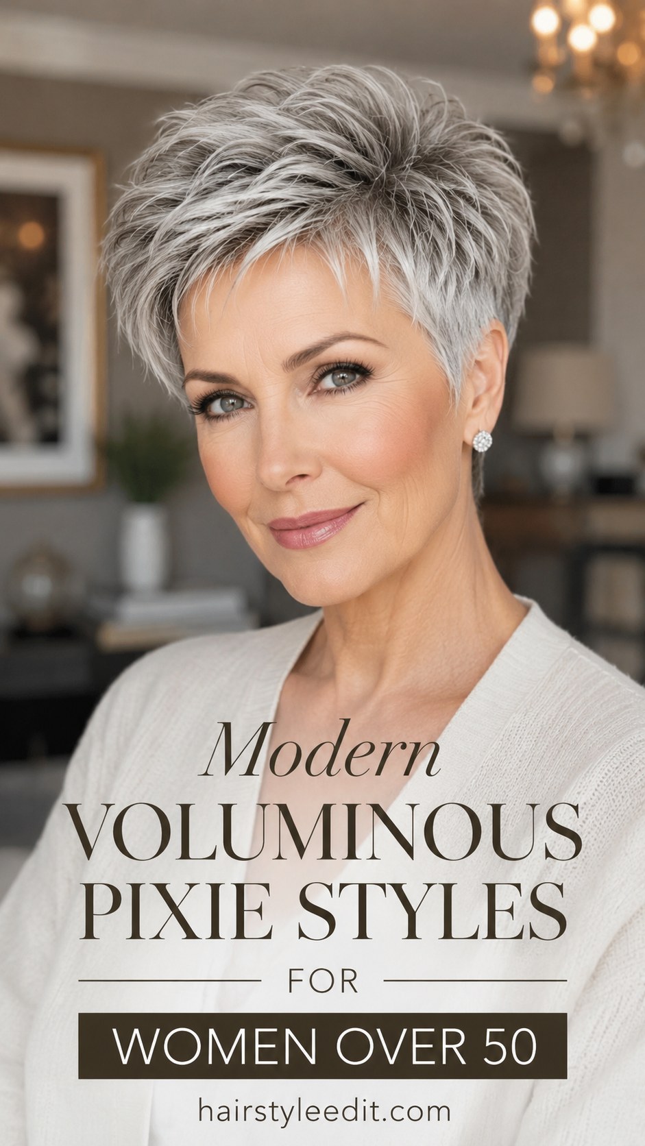 Voluminous spiked pixie cut over 50 with piece-y texture built up through the crown