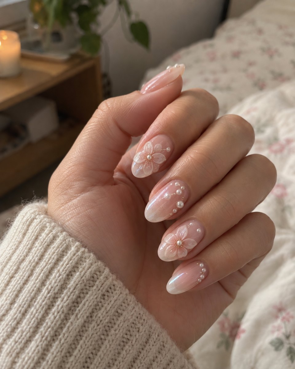 Romantic pearl floral nails