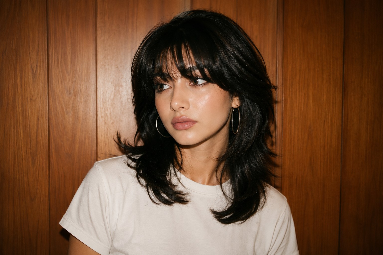Glossy dark shag haircut with curtain bangs finished in a smooth polished blowout