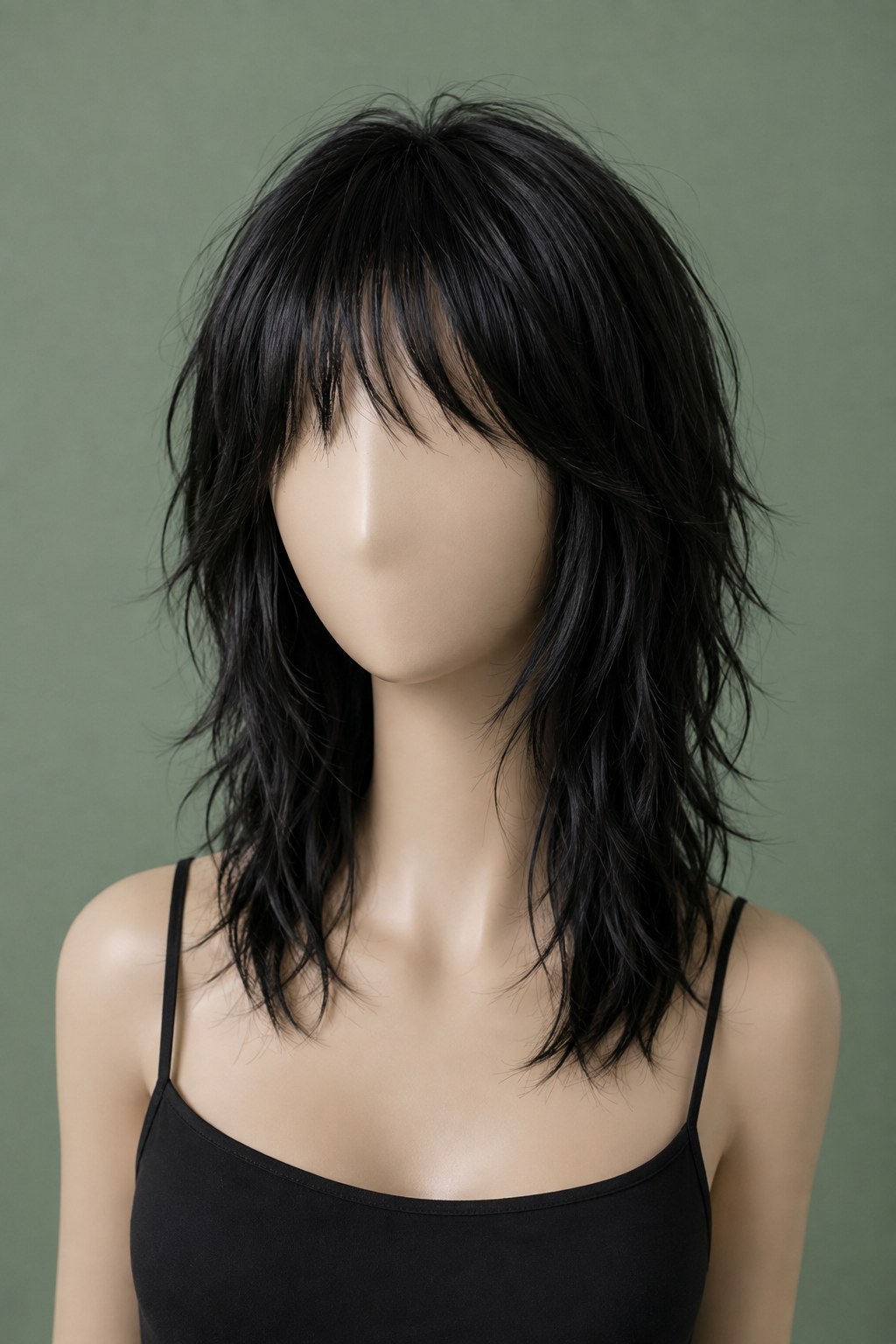 Sleek black shag haircut with a heavy blunt fringe and defined face-framing layers