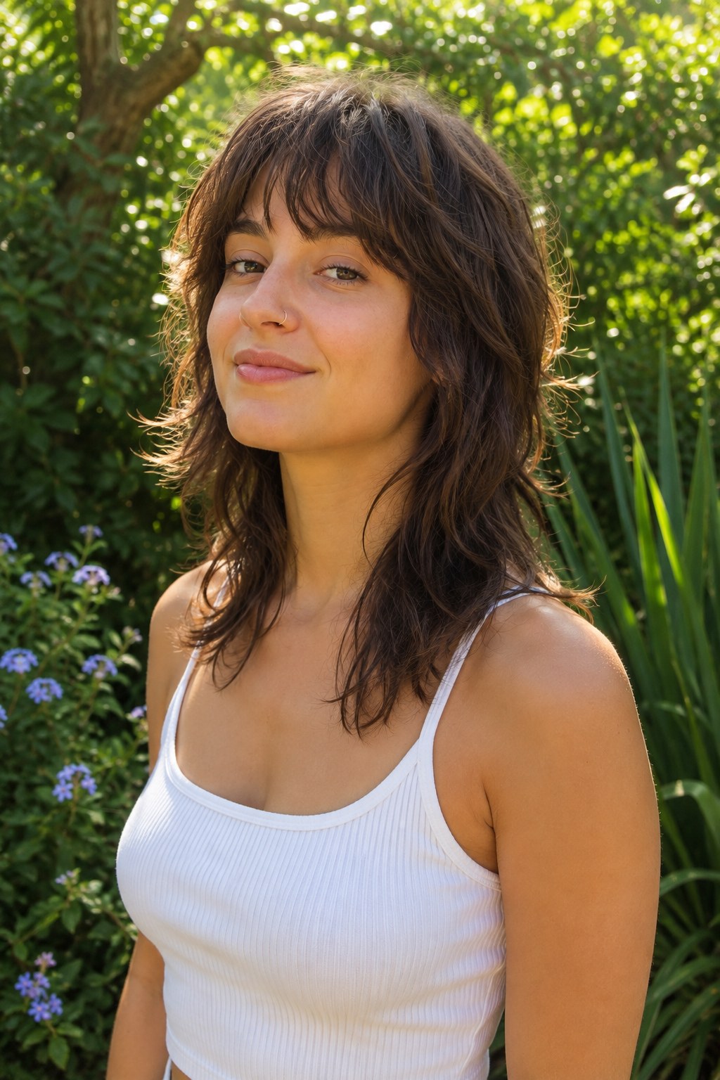 Sun-kissed tousled shag haircut with soft layers and a full natural fringe