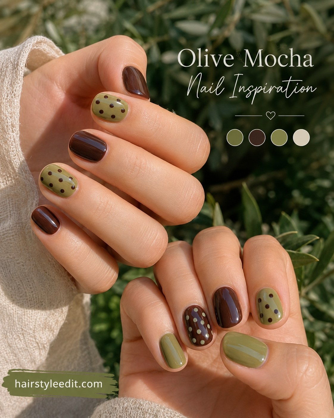 Olive and mocha polka dots offer an earthy take on short natural nail designs for fall.