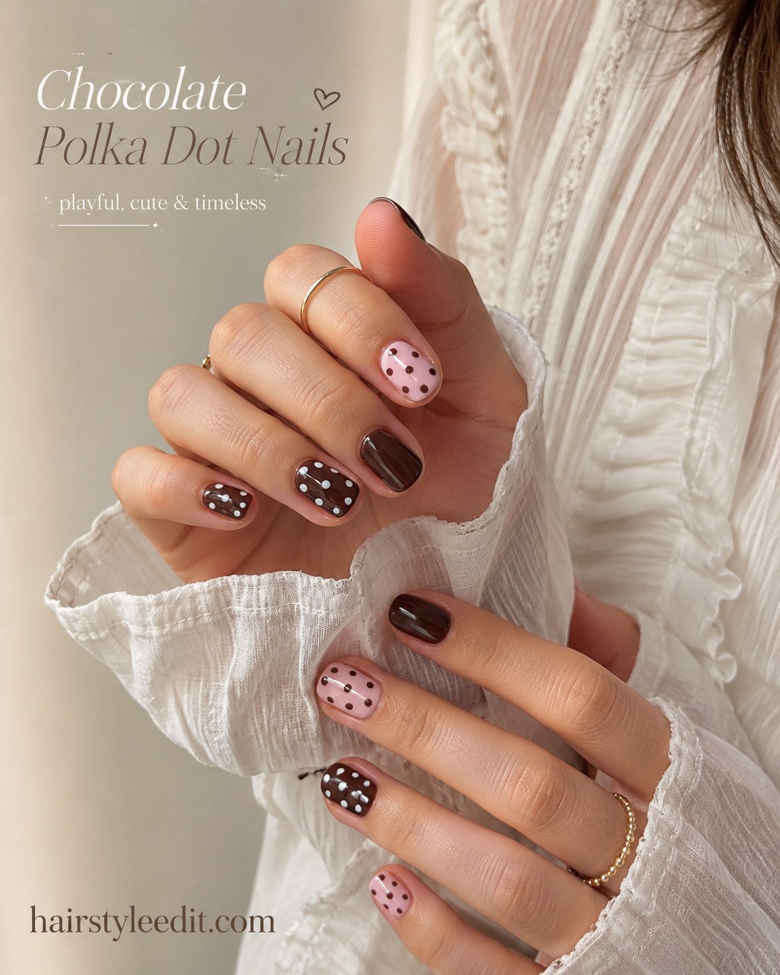 Pink and chocolate polka dots make playful short natural nail designs with timeless charm.