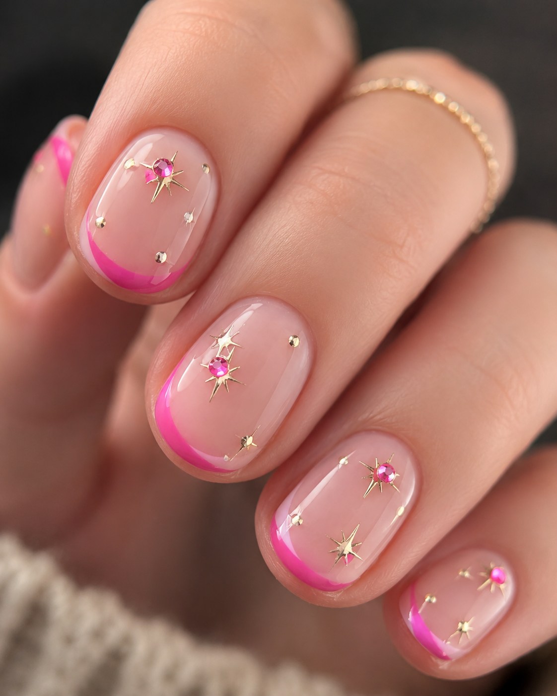 Short shellac nails with a hot pink French tip and gold star charm details