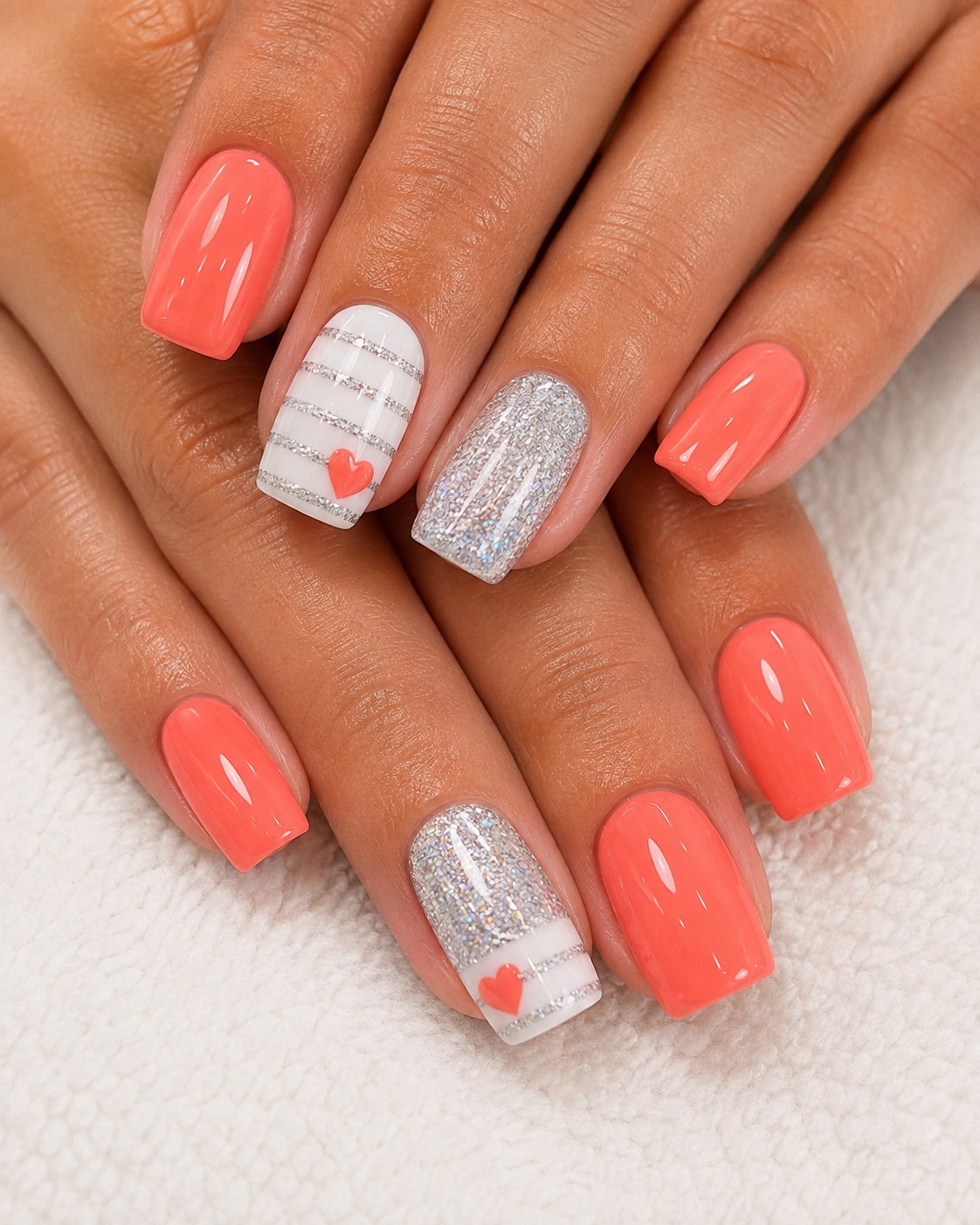 Short square shellac nails in coral with a white glitter stripe accent nail