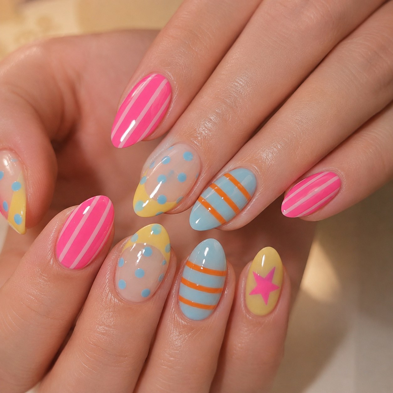 Pastel short summer nails with pink and blue stripes, dots, and a star accent