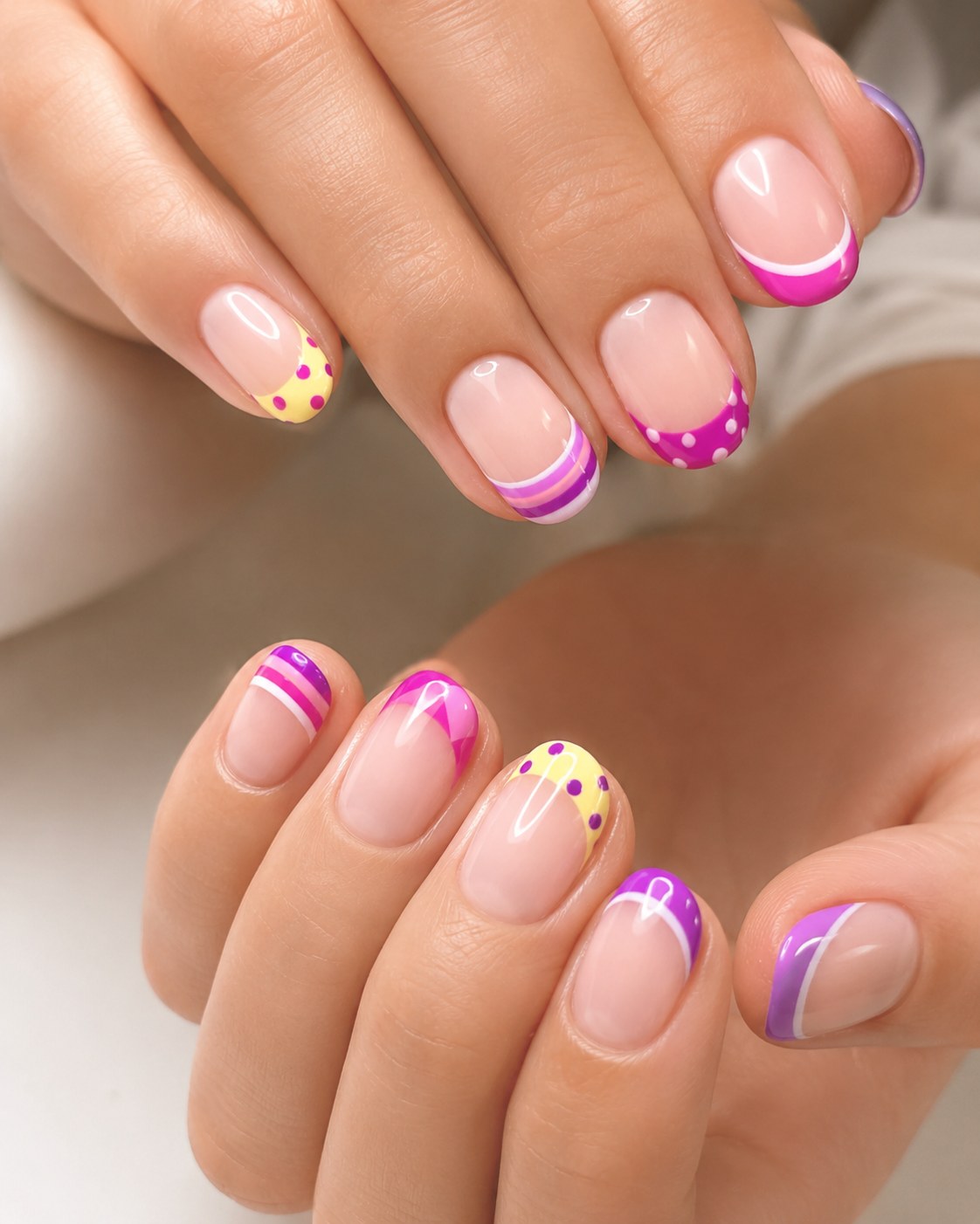 Short round summer nails with multicolor diagonal French tips and polka dots