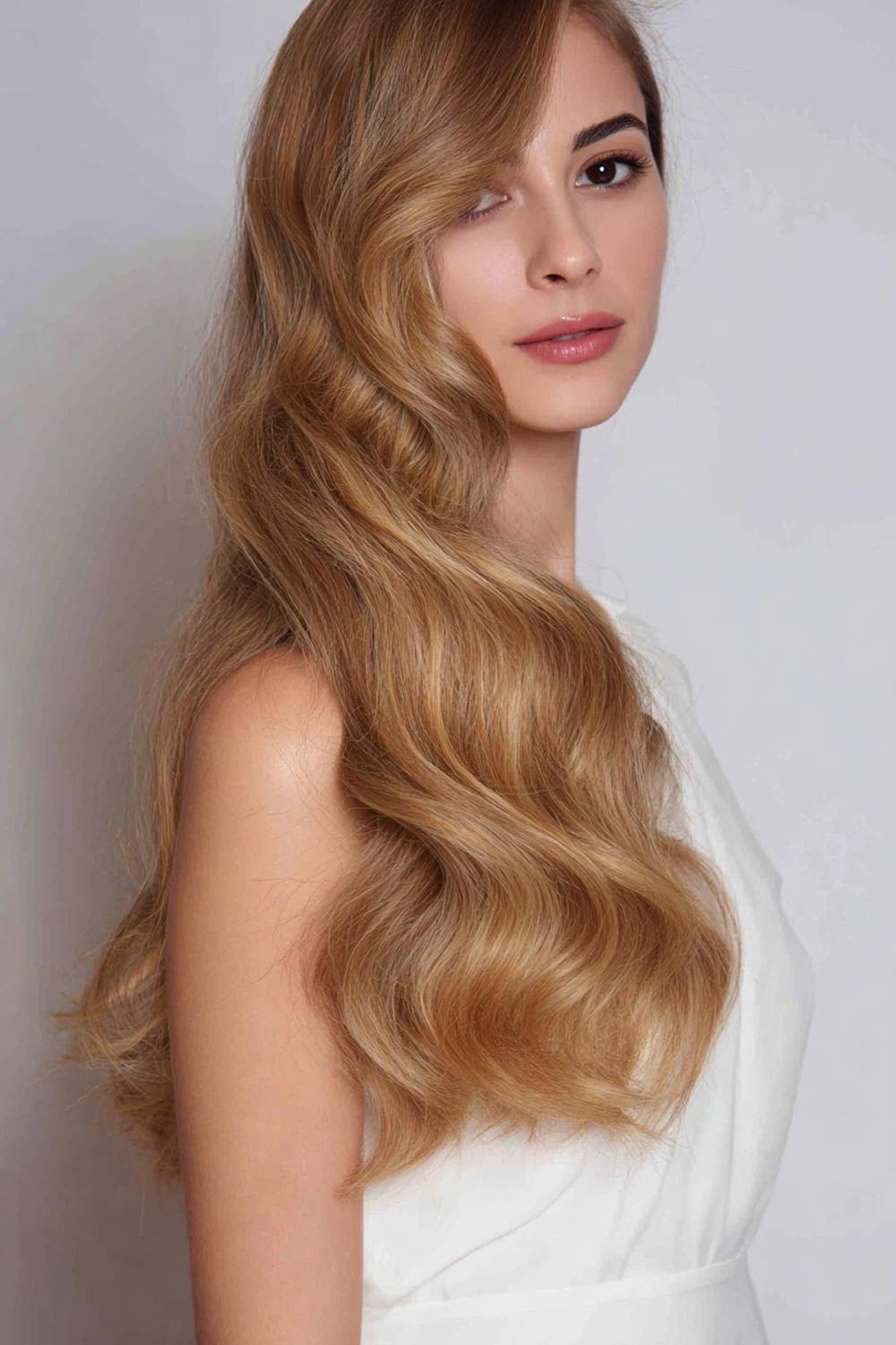 21. Simple Hairstyles for Long Hair: Side-Swept Hollywood Waves With Deep Part
