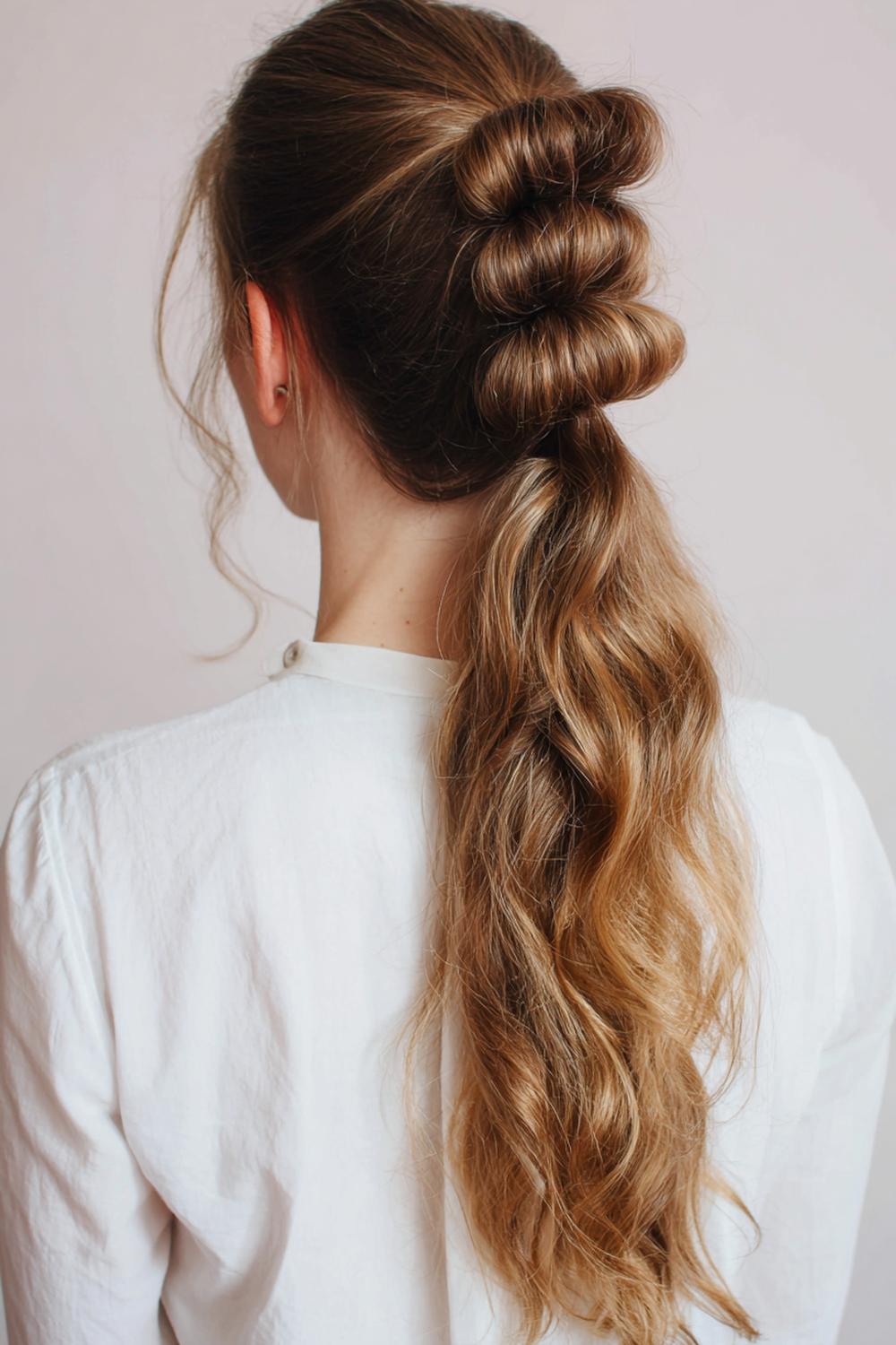 3. Simple Hairstyles for Long Hair: Bubble Ponytail With Soft, Even Sections