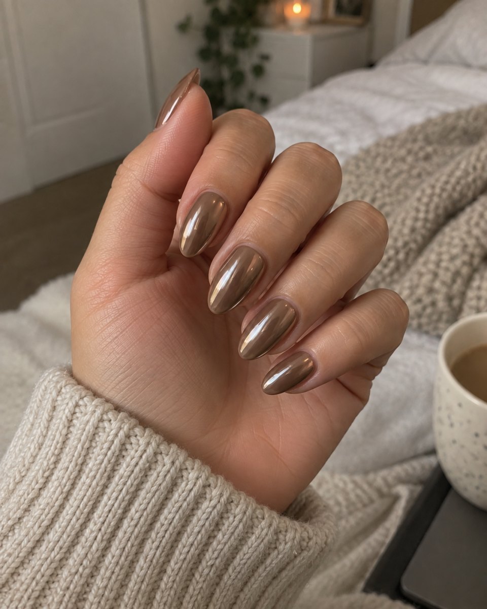 soft brown chrome nails