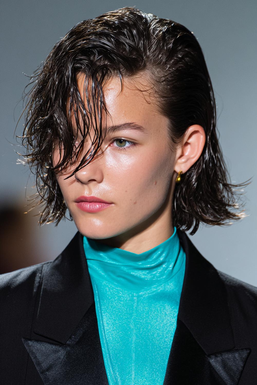 13. Trendy Hair Looks 2026: Wet-Look Bob with Tucked Behind-Ear Finish